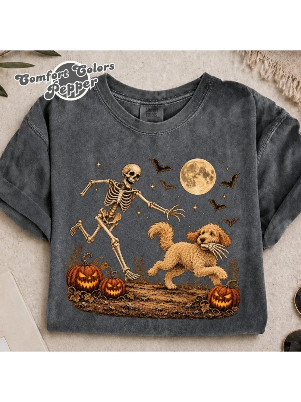 Comfort Colors Pepper Halloween Skeleton & Dog Graphic Tee